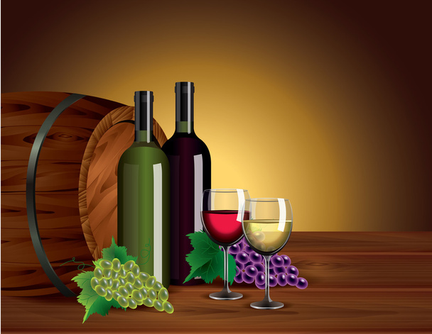 Wine bottles, glasses, grapes and barrel - Vector, Image