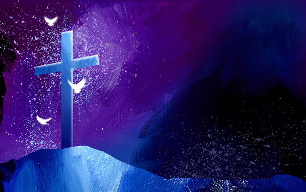 Grafisch Christelijk Kruis en spirituele duiven tegen abstracte penseelstreek textuur hemel - Foto, afbeelding