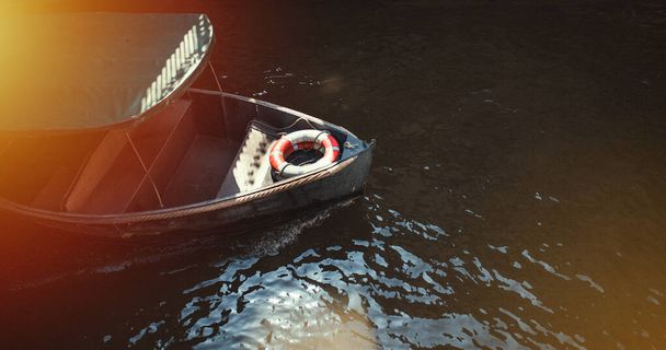 Zavřít horní pohled na loď gondola loď na řece se záchrannou bójí th - Fotografie, Obrázek