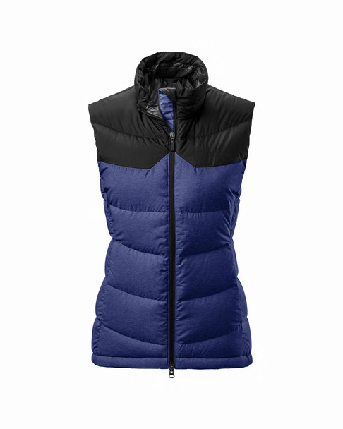 Women's blue with black warm sport puffer vest isolated over white background. Ghost mannequin photography - 写真・画像