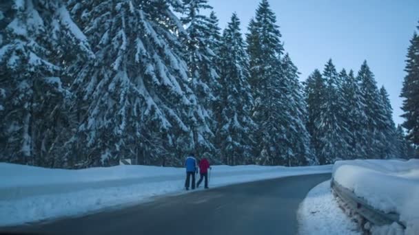 Twee wandelaars lopen met wandelschoenen langs de kant van de weg. Het is winter.. - Video