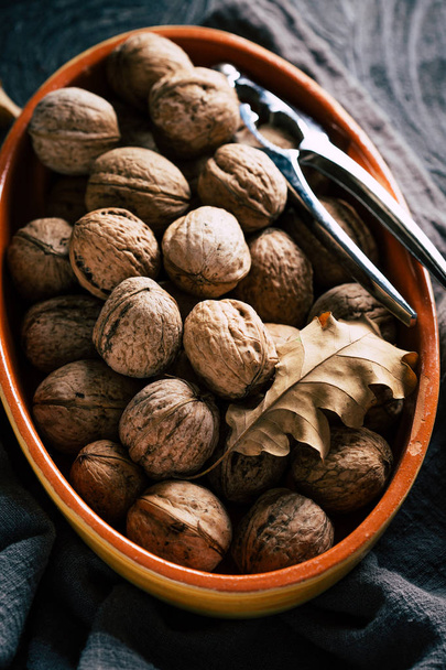 Autumn concept, walnut on a dark background - Photo, Image