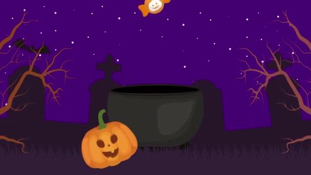 halloween sötét jelenet sütőtök és cukorka az üstben - Felvétel, videó
