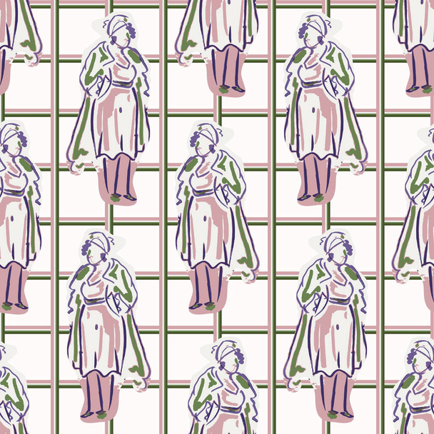 1950-е дамская одежда бесшовный векторный рисунок. Ручная рисованная свободная линейный стиль ретро пятидесятых годов винтажная женщина с клетчатой плиткой заднего плана
.  - Вектор,изображение