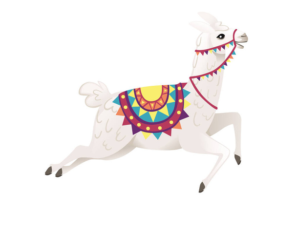mignon lama courir et porter selle décorative avec motifs dessin animé animal design plat vecteur illustration isolé sur fond blanc vue de côté
 - Vecteur, image