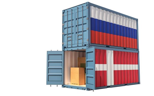 Dwa kontenery towarowe z flagą Rosji i Danii. Izolacja na białym - Rendering 3d - Zdjęcie, obraz