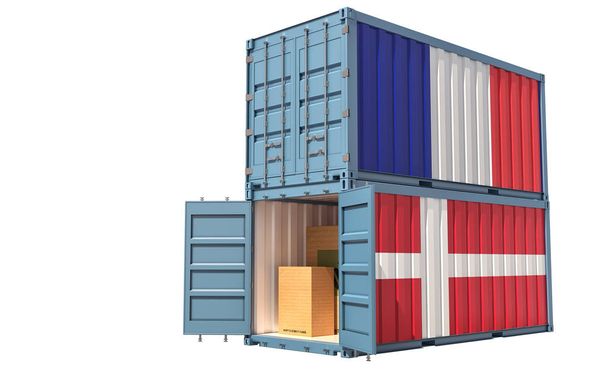 Dva nákladní kontejnery s vlajkou Francie a Dánska. Izolováno na bílo - 3D vykreslování - Fotografie, Obrázek