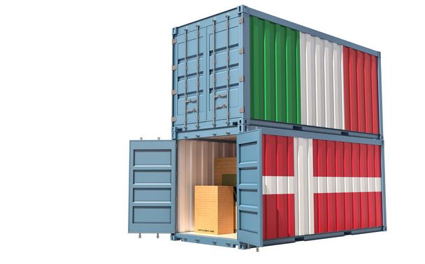 Dva nákladní kontejnery s vlajkou Itálie a Dánska. Izolováno na bílo - 3D vykreslování - Fotografie, Obrázek