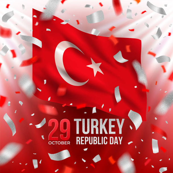 Turkije Dag viering spandoek met kleurrijke vliegende confetti en lint van kleur van de nationale vlag van Turkije. Rood, zilver, wit vector ontwerp. - Vector, afbeelding