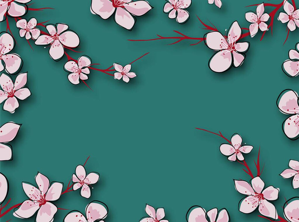 Japán zöld zászló rózsaszín háttérrel. Friss virágok. Tavaszi dekoráció. Vintage textúra. Fokozatos absztrakt háttér vektor. Vintage stílus. Cseresznyevirág ág. Virágos virágok. - Vektor, kép