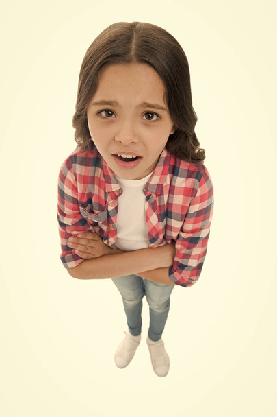 Do you need problems. Kid serious bully face white background. Kid unhappy looks strictly. Girl folded arms on chest looks serious. Stop bullying concept. Kids bullying behavior. What did you say - Foto, Imagem