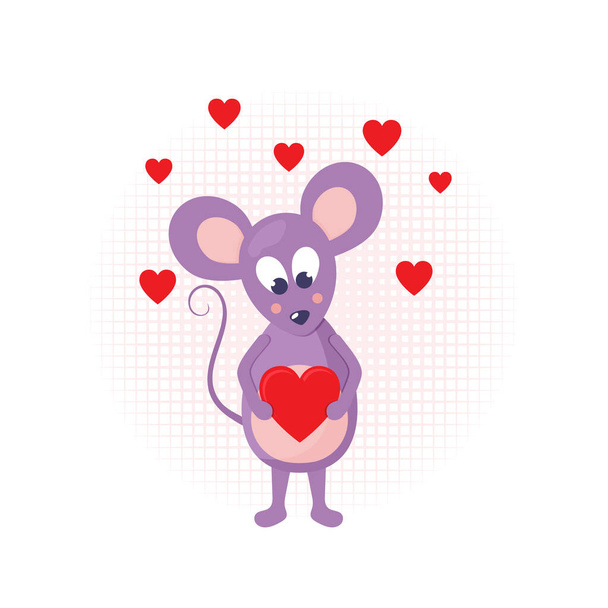 Mouse with heart in cartoon style. Funny cartoon character. Colorful image. Modern card design. Colorful silhouette. Greeting Valentines day card vector. Beautiful Valentines day illustration - Διάνυσμα, εικόνα