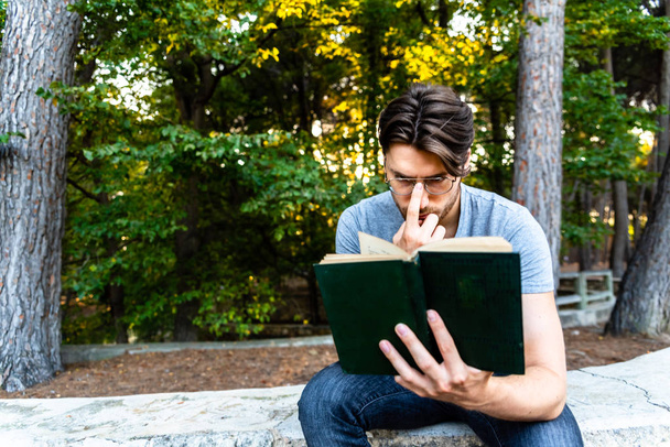 Un uomo legge un romanzo rilassato seduto in un parco al tramonto, amante di
 - Foto, immagini