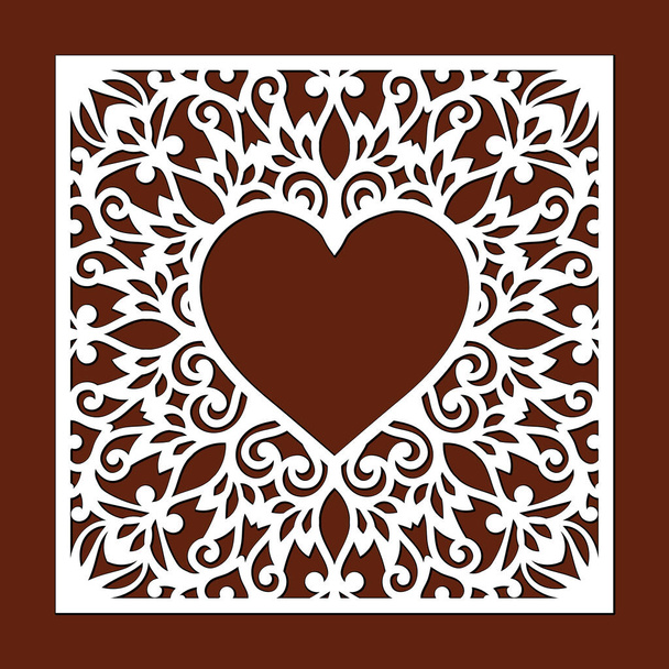 Ornamental heart frame, lace border. Laser cut template for wedding invitation. Envelope, greeting card with abstract floral ornament. Openwork silhouette for Valentine's day. Cutting of lacy ornament - Vector, Image
