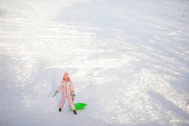 Adorável menina feliz trenó no inverno dia nevado
. - Foto, Imagem