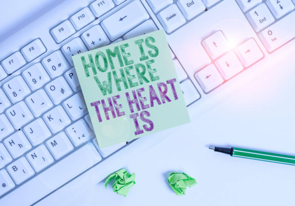 Записка, показывающая "Дом там, где сердце". Ваш дом, где вы чувствуете себя комфортно и счастливый Зеленая бумага ноты с карандашом на белом фоне и ПК клавиатуры
. - Фото, изображение