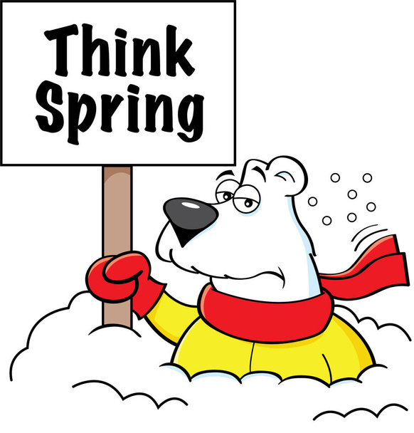 Cartoon illustration of a polar bear holding a sign while buried in snow. - Vector, Image