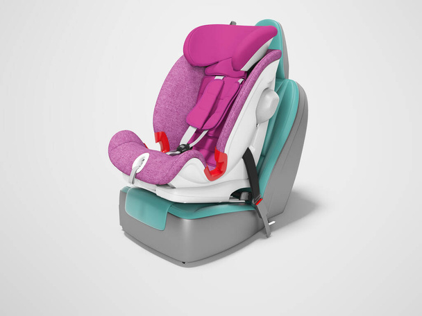 Konzept lila Kindersitz Set auf Autositz 3d Render auf graue Rückenlehne - Foto, Bild