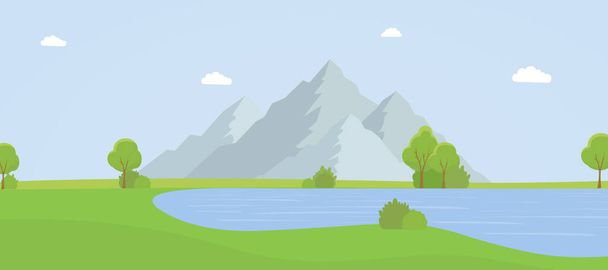 Beautiful mountain landscape flat vector illustration. Empty national park with no people, picturesque nature reserve, natural environment. Tranquil summer panorama with green glade and pond - ベクター画像