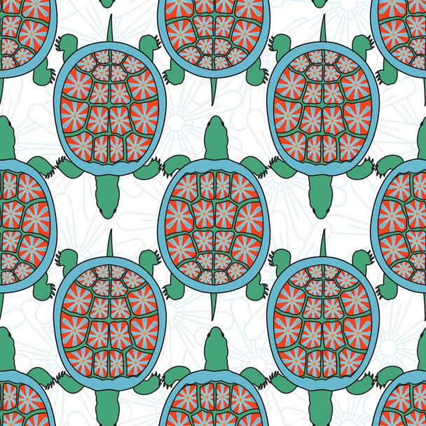 Vector Floral Turtles White Background Seamless Repeat Pattern. Arrière-plan pour textiles, cartes, fabrication, papiers peints, impression, emballage cadeau et scrapbooking
. - Vecteur, image