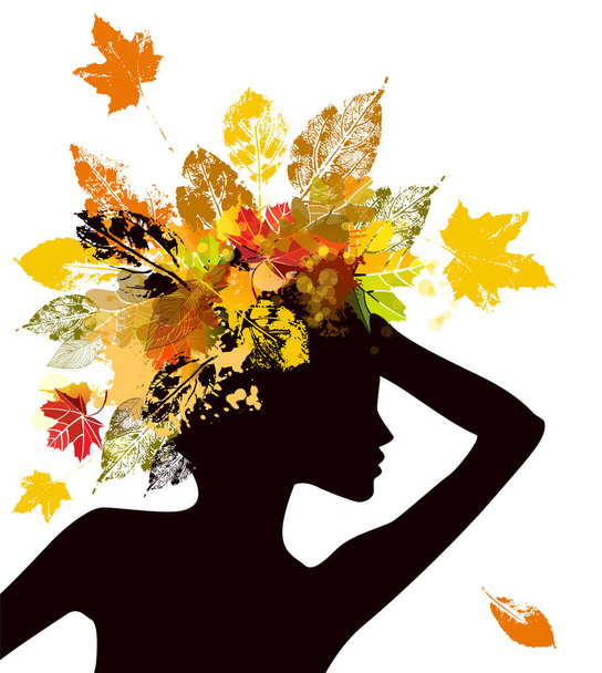 die Silhouette eines Mädchens mit Herbstblättern. Vektorillustration - Vektor, Bild