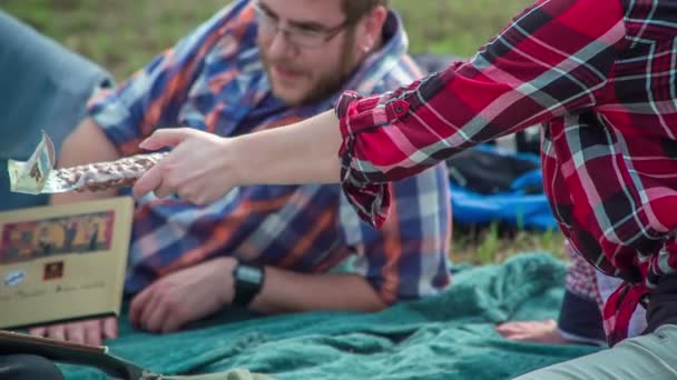 junge Leute essen Nüsse und Pralinen und sitzen auf einer Decke inmitten einer wunderschönen Natur. - Filmmaterial, Video