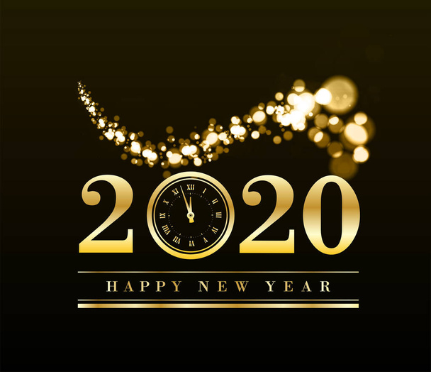 Felice anno nuovo 2020 con particelle d'oro e un orologio nel numero zero. Illustrazione dorata vettoriale
 - Vettoriali, immagini