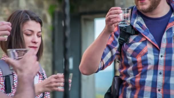 Junge Leute klirren mit Gläsern und trinken etwas Alkohol in ihren Bechern. - Filmmaterial, Video