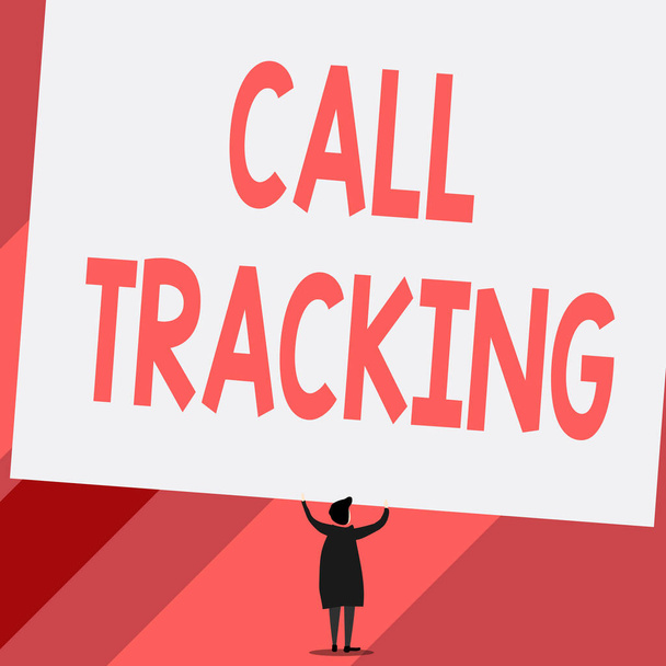 Conceptual hand writing showing Call Tracking. Business photo showcasing Organic search engine Digital advertising Conversion indicator Short hair woman dress hands up holding blank rectangle. - Photo, Image
