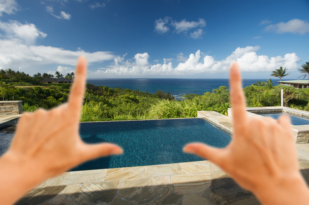 Hands Framing Pool and Hot Tub Overlooking View - Photo, Image