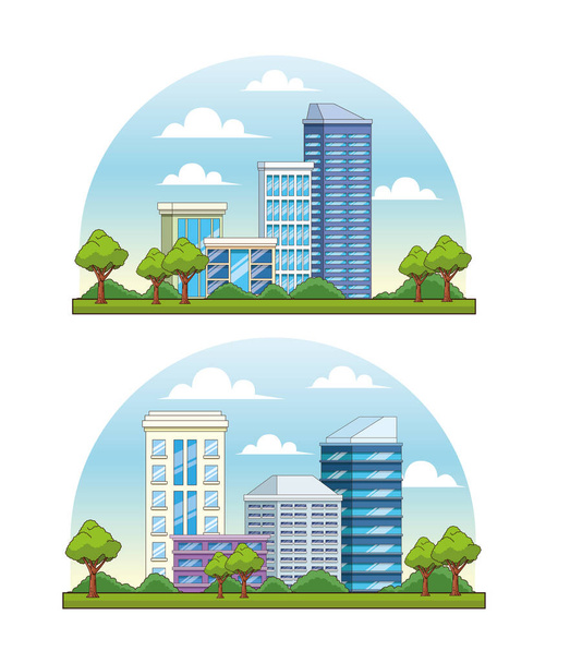 Set of City buildings and park with trees scenery - Vetor, Imagem