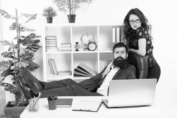 Modern business couple working office. Business people concept. Business couple in office. Man and attractive woman. Boss manager director and ceo position. Business man secretary. Job and career - Foto, imagen