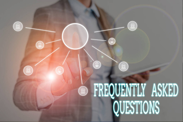 Conceptual hand writing showing Frequently Asked Questions. Business photo text inquries that been informed more than one time Woman wear work suit presenting presentation using smart device. - Photo, Image
