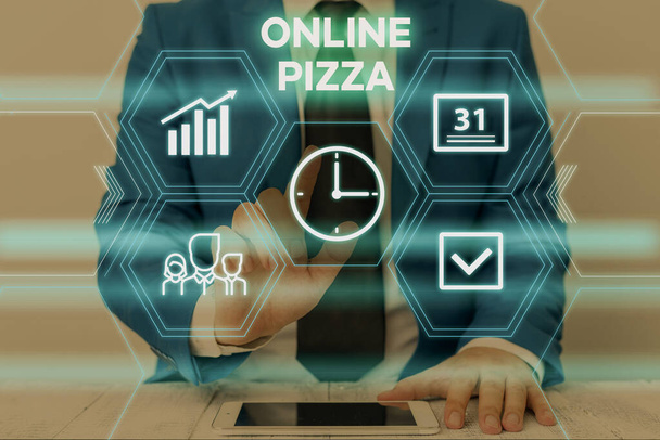 Text sign showing Online Pizza. Conceptual photo fast delivery of pizza at your doorstep Ordering food online Male human wear formal work suit presenting presentation using smart device. - Photo, Image