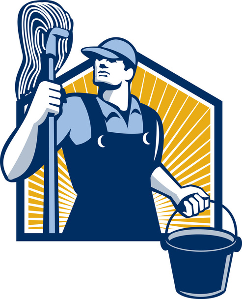 Janitor Cleaner Holding Mop Bucket Retro - Vector, Image
