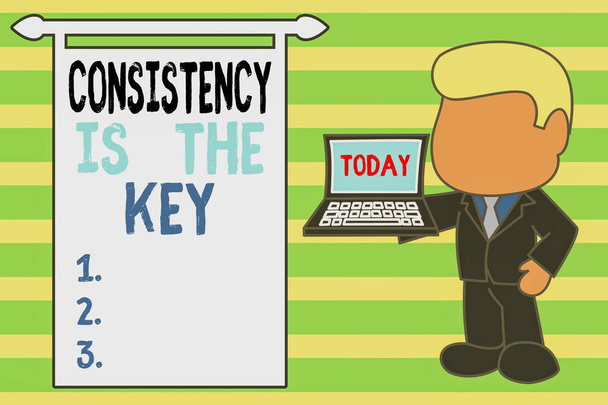 Word writing text Consistency Is The Key. Business concept for full Dedication to a Task a habit forming process Standing professional businessman holding open laptop right hand side. - Photo, Image