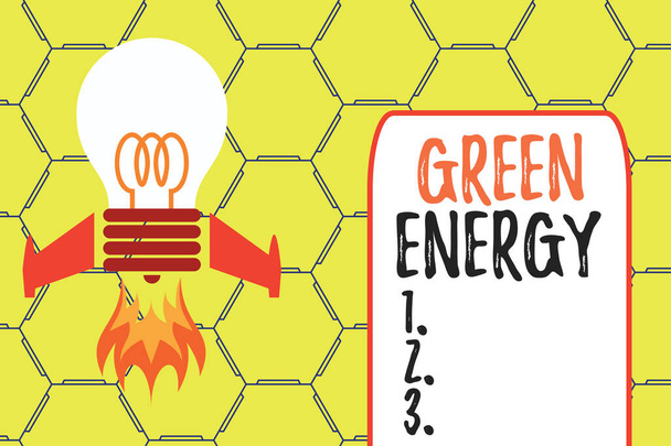 Word writing text Green Energy. Business concept for comes from natural sources and does not harm the ecosystem Top view launching bulb rocket fire base. Starting new project. Fuel idea. - Photo, Image