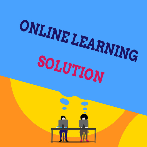 Text sign showing Online Learning Solution. Conceptual photo use of Electronic access to Educational Curriculum Two men sitting behind desk each one laptop sharing blank thought bubble. - Photo, Image
