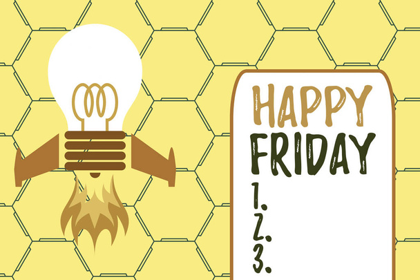 Word writing text Happy Friday. Business concept for Greetings on Fridays because it is the end of the work week Top view launching bulb rocket fire base. Starting new project. Fuel idea. - Photo, Image