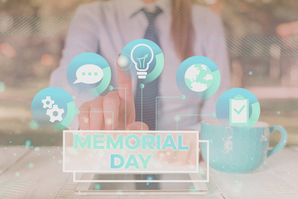 Word writing text Memorial Day. Business concept for remembering the military demonstratingnel who died in service Female human wear formal work suit presenting presentation use smart device. - 写真・画像