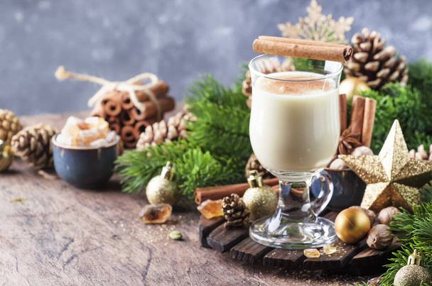 Christmas or New Year Eggnog alcoholic cocktail - hot winter drink with milk, eggs and rum, sprinkled with cinnamon and nutmeg in glass on gray background, copy space - 写真・画像