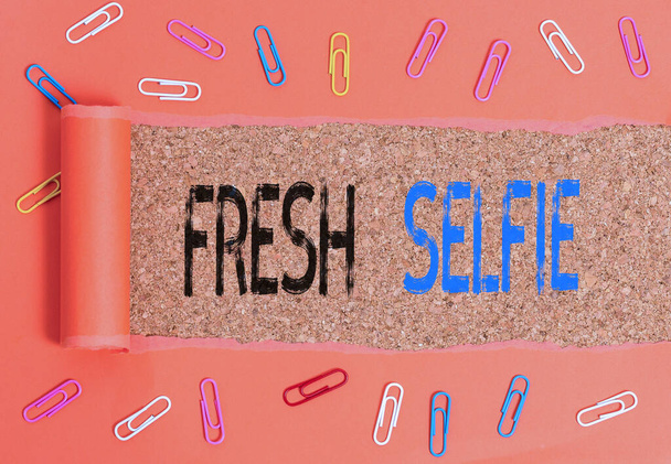 A escrever uma nota a mostrar Selfie Fresca. Exibição de fotos de negócios tire uma foto de si mesmo sem filtro de maquiagem ou edite
. - Foto, Imagem