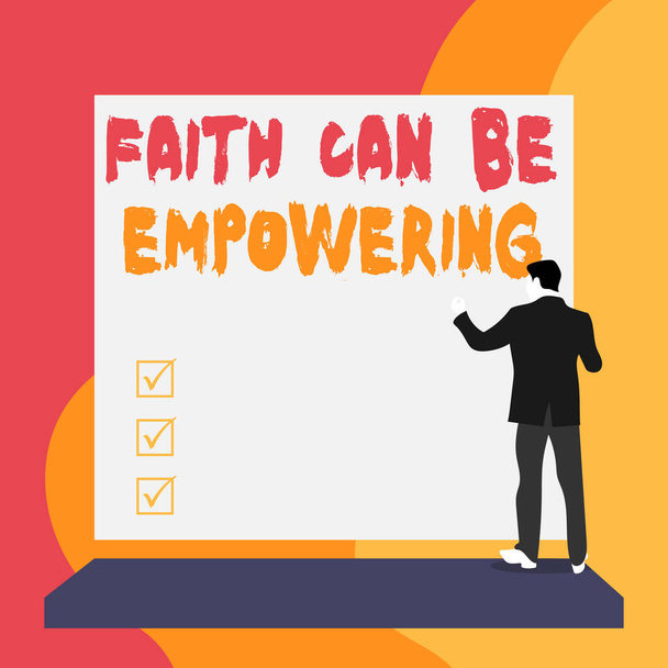 Conceptual hand writing showing Faith Can Be Empowering. Business photo text Trust and Believing in ourselves that we can do it Back view young woman watching blank big rectangle. - Photo, Image