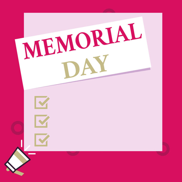 Conceptual hand writing showing Memorial Day. Business photo text remembering the military demonstratingnel who died in service Speaking trumpet on left bottom and paper to rectangle background. - Photo, Image
