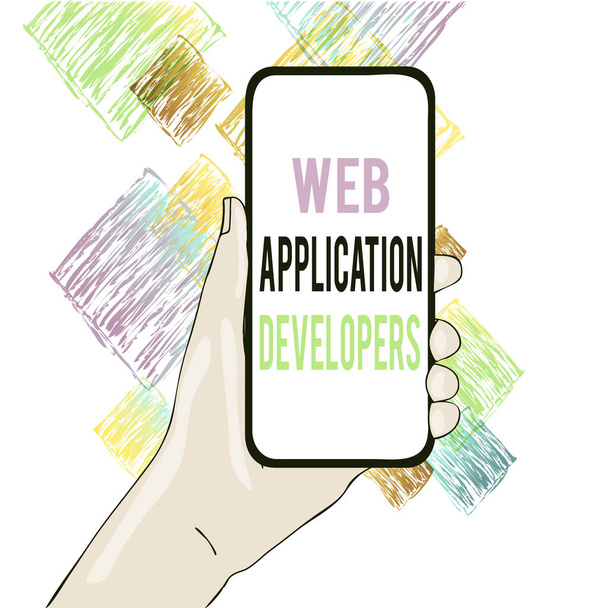 Käsitteellinen käsin kirjoittaminen osoittaa Web Application Developers. Business valokuva esittelee Internet ohjelmointi asiantuntijat Teknologia ohjelmisto lähikuva Smartphone Device järjestetään kädessä ja tekstitilassa
. - Valokuva, kuva