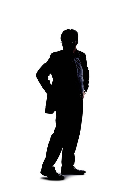 Full body silhouette of a businessman isolated on a white background. He is standing and waiting and posed as if bored or impatient. - Photo, Image