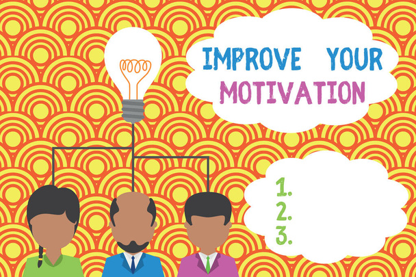 Writing note showing Improve Your Motivation. Business photo showcasing Boost your self drive Enhance Motives and Goals Group three executive persons sharing idea icon. Startup team meeting. - Photo, Image