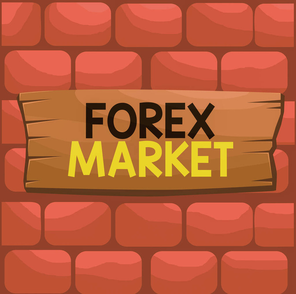 Handwriting text Forex Market. Concept meaning marketplace that defines the exchange rate of global currencies Plank wooden board blank rectangle shaped wood attached color background. - Photo, Image