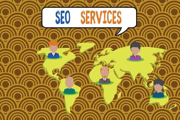 Conceptual hand writing showing Seo Services. Business photo showcasing suite of techniques and procedures to surge website visibility Connection multiethnic persons all Global business earth map. - 写真・画像