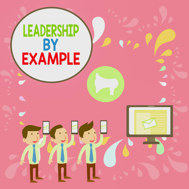 Word writing text Leadership By Example. Business concept for Becoming role model for showing Have great qualities SMS Email Marketing Media Audience Attraction Personal Computer Loudspeaker. - Photo, Image